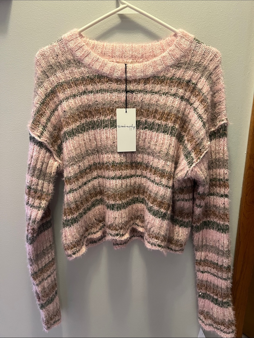 Thread & Supply Pink Striped Crewneck Scalloped Hem Sweater
